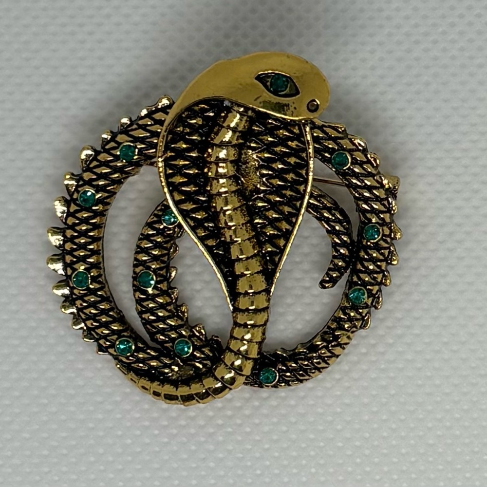 Vintage Gold Cobra Brooch with Green Stones